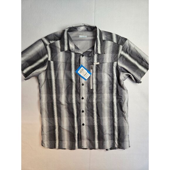 Columbia Mens Large L Omni Shade Button Up Shirt Black Gray Plaid Short Sleeve - Picture 1 of 9